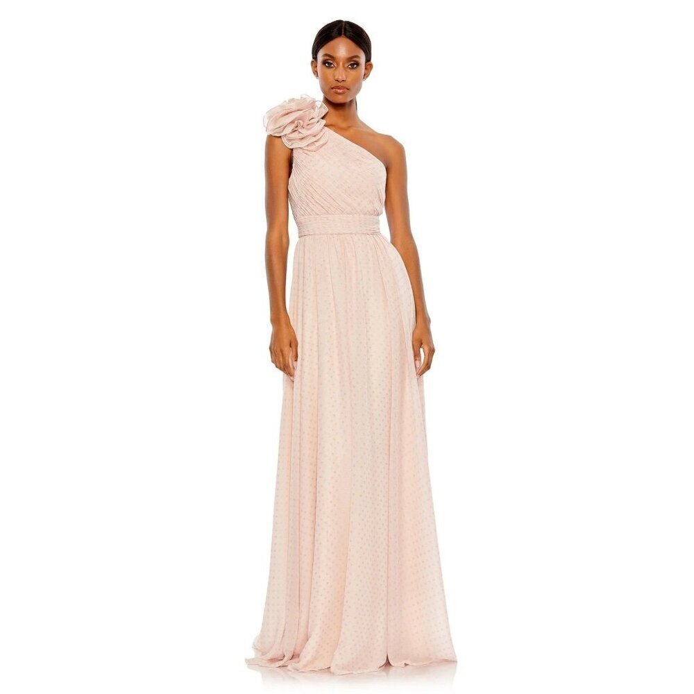 Mac Duggal Dress Ruffled One Shoulder Gown Rose Gold Polka Dot US10 | NWT Formal